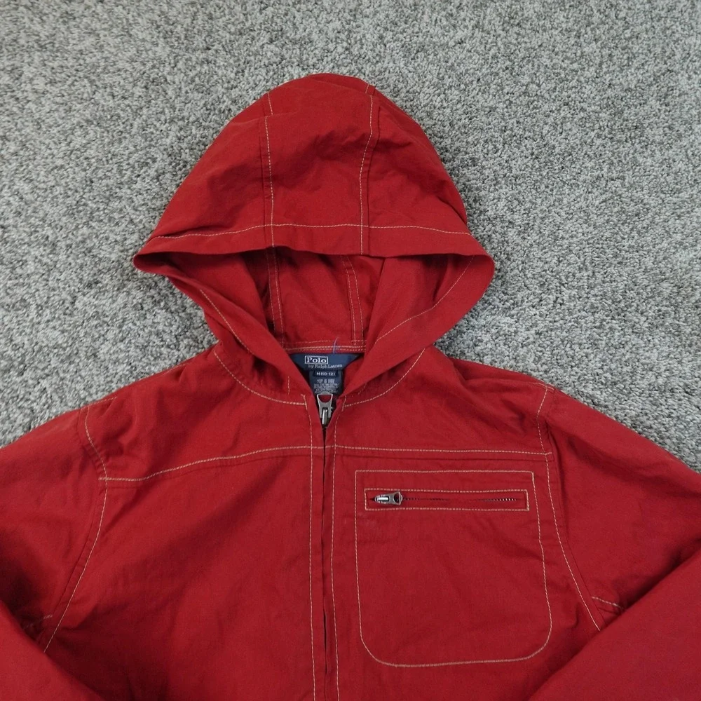 VTG Polo Ralph Lauren Jacket Kids M 10-12 Red Hooded Full Zip Windbreaker Youth